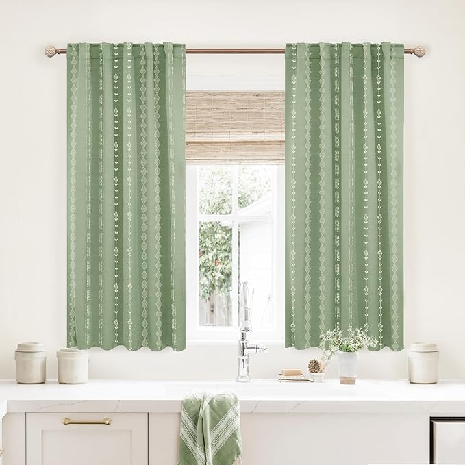 Lino Rosa Bathroom Curtains Window, 45 Inch Short Boho Sage Green Privacy 50% Blackout Small Curtain for Bedroom Kitchen, 2 Panel Sets 34" W x 45" Length