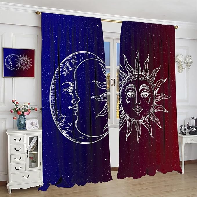 Sun Moon Blackout Windows Curtains, Burning Sun Moon Red Blue Cosmic Galaxy Bohemian Curtains, for Living Room Bedroom 42x63in 2 Panels