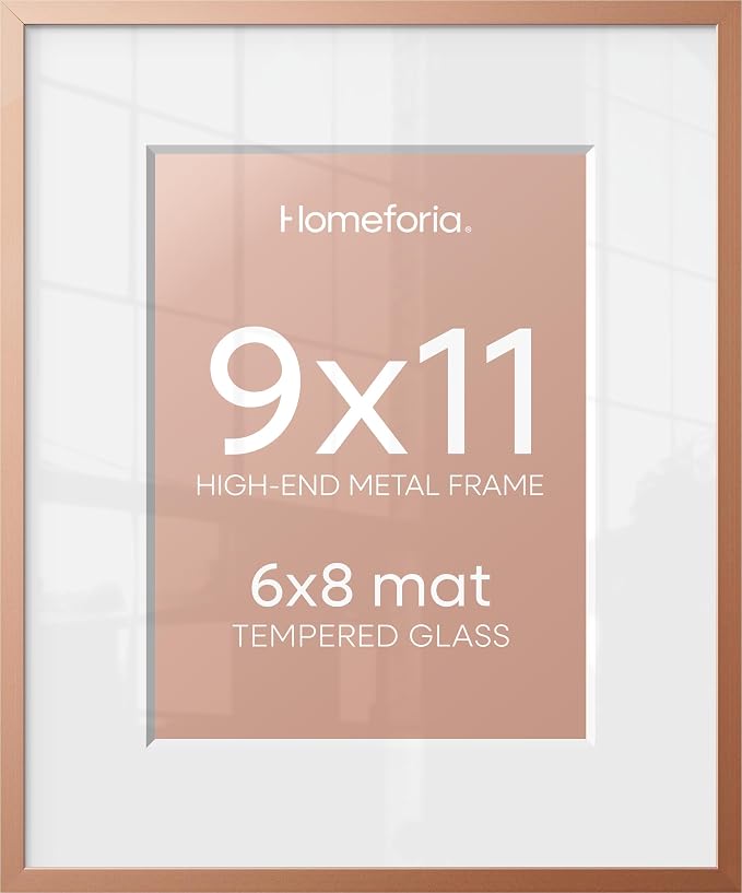Homeforia 9x11 Rose Gold Frame, High End Metal 9 x 11 Picture Frames with Mat 6 by 8 inch Photo, 9by11 Poster Frame Matted to 6x8 Print, 11x9 Wall or Tabletop Frame, Tempered Glass, Wall Kit, Set of 1