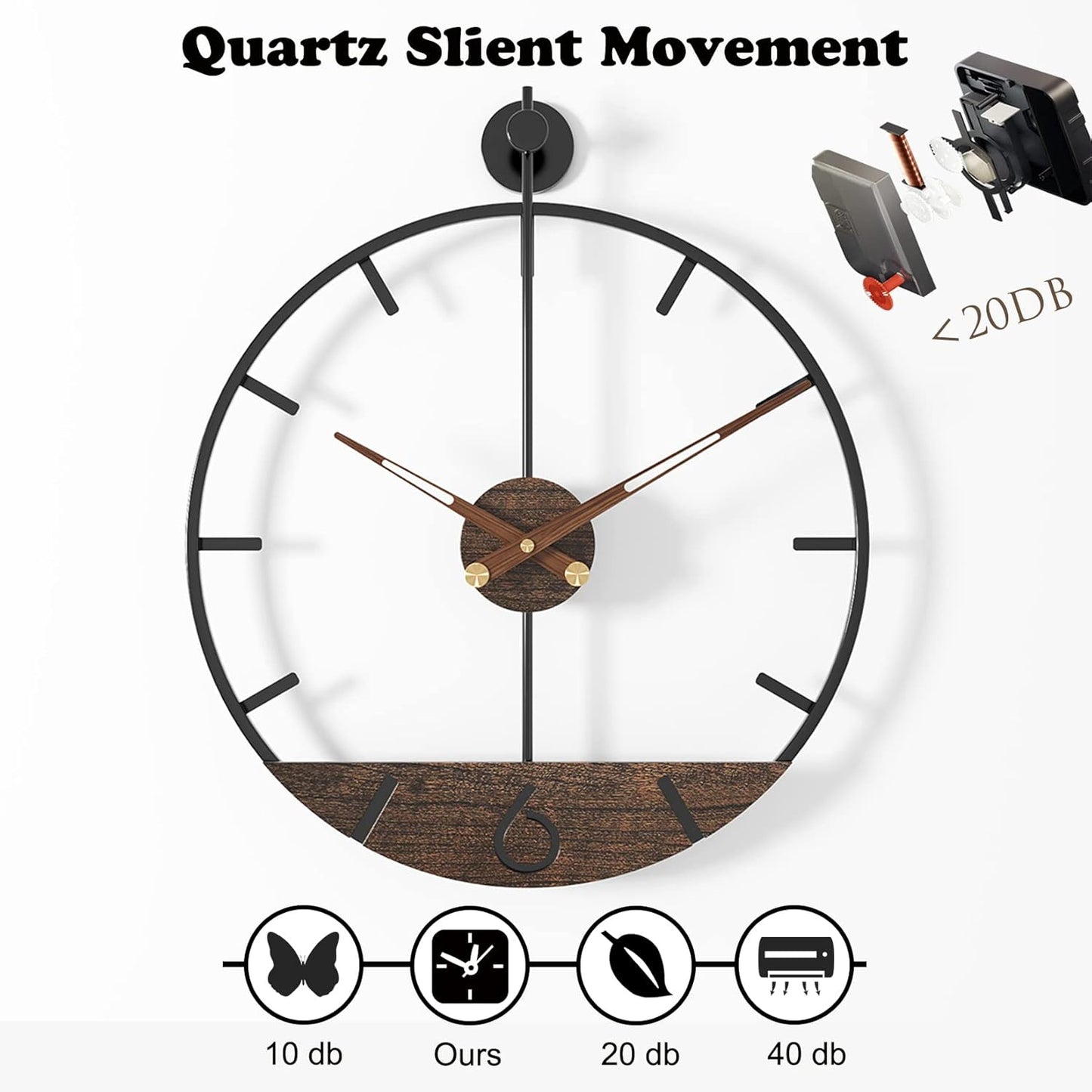 Modern Wood Walnut Dial Wall Clock, Large Simple Wall Decor Metal Frame Silent Non Ticking Clock for Living Room Decor, Kitchen, Bedroom, Study Decoration, Handmade Home Gift Idea, 15.8 in