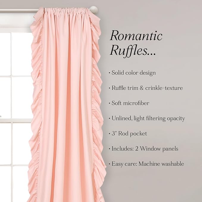 Lush Decor Reyna Ruffle Window Curtain Panel Set, Pair, 54" W x 84" L, Blush Pink - Flowy Curtain - Romantic Ruffle Curtains for Bedroom, Living room, or Dining Room - Farmhouse & Cottage Home Decor
