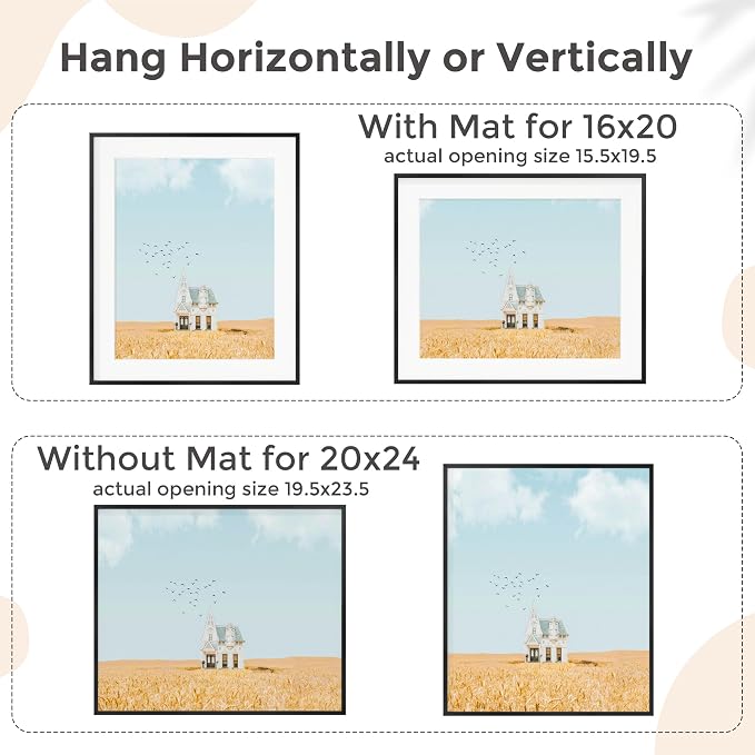 FLYJOE 20x24 Metal Picture Frame for Wall With Mat for 16x20, 20''x24'' Aluminum Photo Frames With Tempered Glass for Home Decor, Minimalist Modern Poster Frame Horizontal And Vertical Formats, Black
