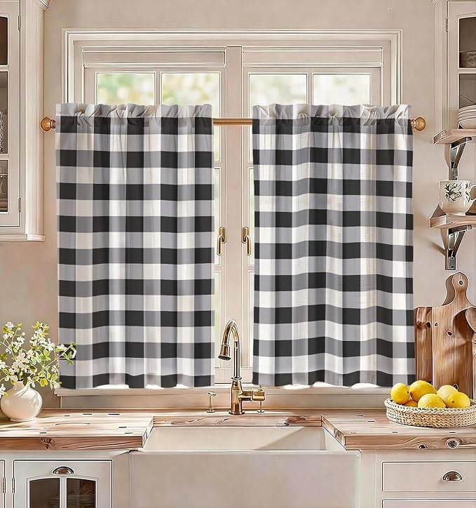 Miss Adola Farmhouse Kitchen Tier Curtains - 36 Inch Length Linen Blend Cafe Curtains Plaid Checkered Small Window Treatments Over Sink Rod Pocket for Bathroom Living Room Light Filtering, 2 Panels
