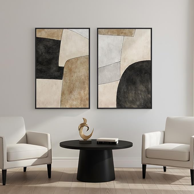 Framed Beige Black Abstract Wall Art for Living Room, Set of 2 Minimalist Geometric Neutral Artwork for Walls, Large Contemporary Painting Print for Bedroom Hallway Home Office Wall Decor, 24x36 Inch
