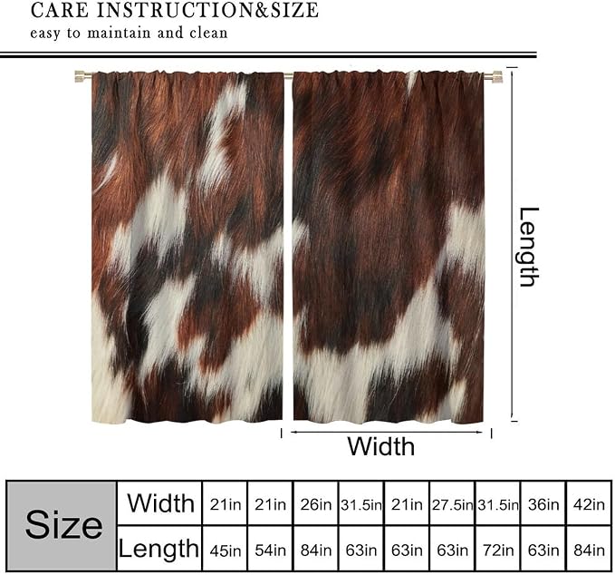 Cowhide Blackout Curtains, Western Rustic Cow Print Brown White Animal Fur Skin Rod Pocket Curtain Window Treatments 2 Panels Drapes for Nursery Living Room Bedroom Kitchen Decor 84"W X 84"L