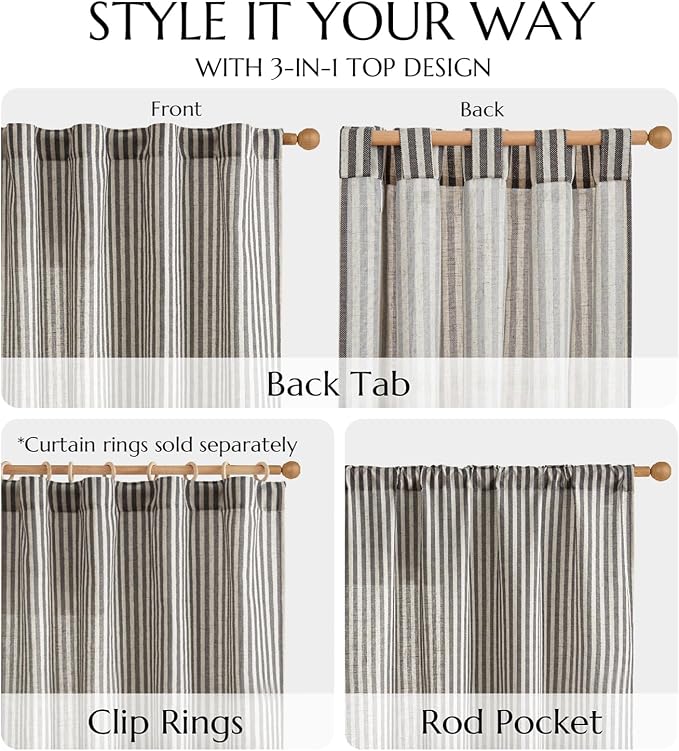 jinchan Linen Curtains 84 Inch Black Stripe on Beige Back Tab 2 Panels | Curtains For Living Room Bedroom,Ticking Stripe, Farmhouse Cottage Core Rustic,Rod Pocket Window Treatment,Light Filtering