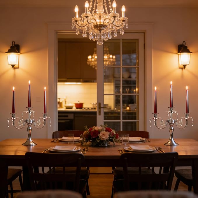 Metal 3 Arm Candelabra with Crystal Pendants - 11.8 Inch Tall Candle Holders, Elegant Taper Candlestick Stand for Wedding, Dining Table, Christmas Party Home Decoration (1pc, Silver)