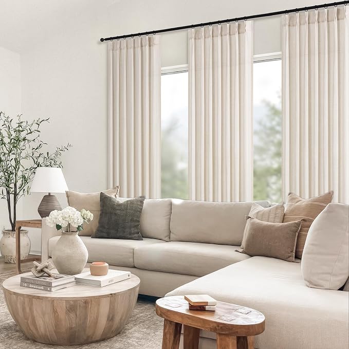 Pinch Pleated 94 Inch Curtains 2 Panels for Living Room,Ivory Beige Linen Curtains 94 Inches Long Pinch Pleat Drapes for Track System Light Filtering Semi Sheer Curtains for Dining Bedroom Office