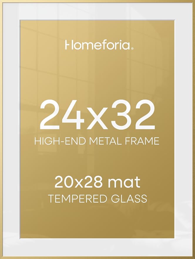 Homeforia 24x32 Poster Frame Gold, High End Metal 24 x 32 Large Picture Frames with Mat 20 by 28 for Photo, 24x32 Gold Frame Matted to 20x28 inch Print, 32x24 Frame, Tempered Glass, Wall Kit, Set of 2
