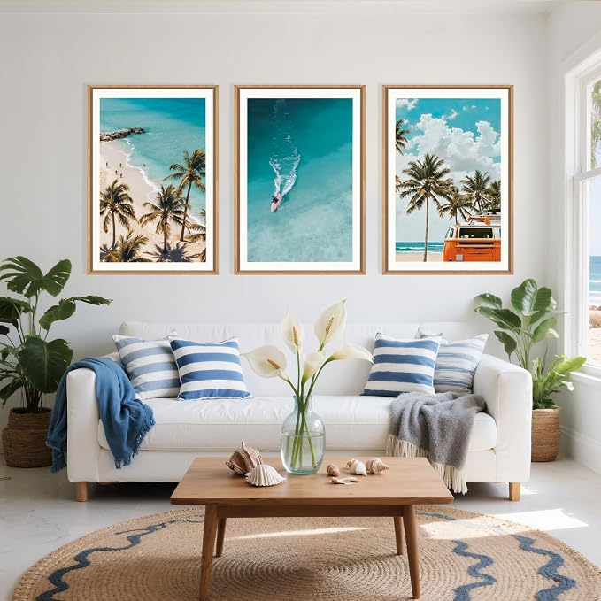 LHIUEM Large Nature Surfboard Beach Framed Canvas Wall Art,Summer Ocean Surfing Wall Decor,Palm Trees Wall Painting,Modern Picture Artwork for Living Room,Bedroom,Dining Room,Office -24"x36"x3