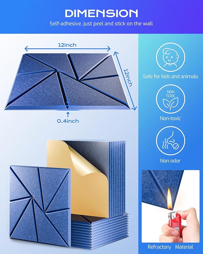 12 Pack Acoustic Panels, Sound Proof Foam Panels for Walls, Self-Adhesive High Density Soundproof Wall Panels, 12" X 12" X 0.4", Sound Absorbing Panels for Home, Studio, Office (Sky Blue)