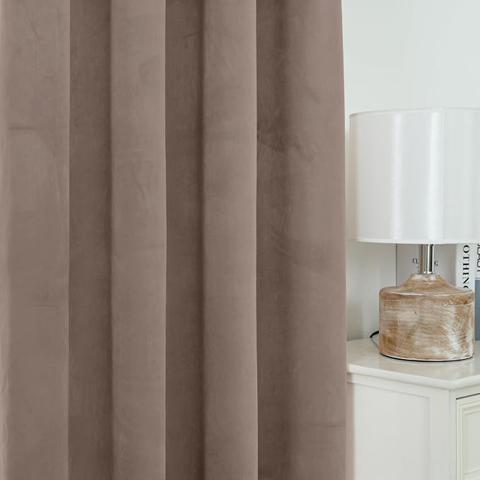 YoungsTex Extra Long Taupe Velvet Curtains 90 Inch Length, Thermal Insulated Drapes with Grommet Room Darkening for Living Room Bedroom Privacy, 2 Panels, 52 X 90 Inch