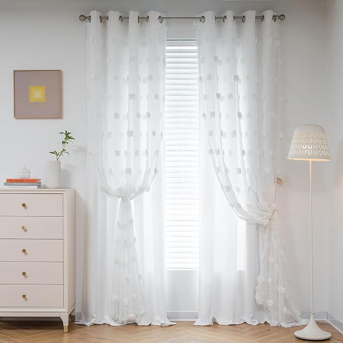 MYSKY HOME White Curtains for Bedroom 54 Inch Long Double Layer Curtains for Kids Room Kithen Pom Pom Sheer Nursery Curtains Short Grommet Room Darkening Small Window Curtains 2 Panels 52 x 54 in