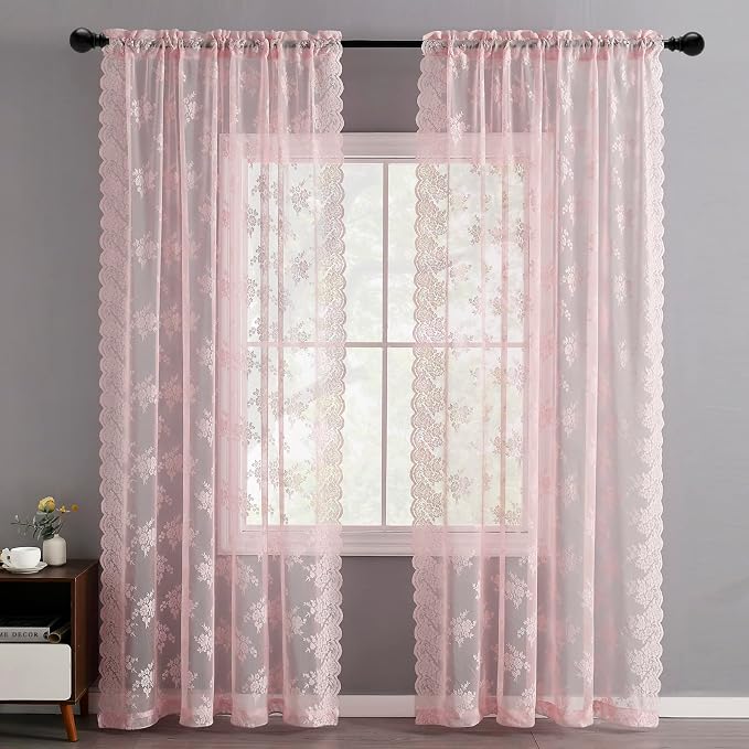 Kotile Pink Lace Curtains 54 Inch Length - Vintage Floral Patterned Sheer Lace Curtains for Girls Room, Scalloped Edge Rod Pocket Privacy Pink Sheer Curtain 2 Panels Set, 52 x 54 Inch