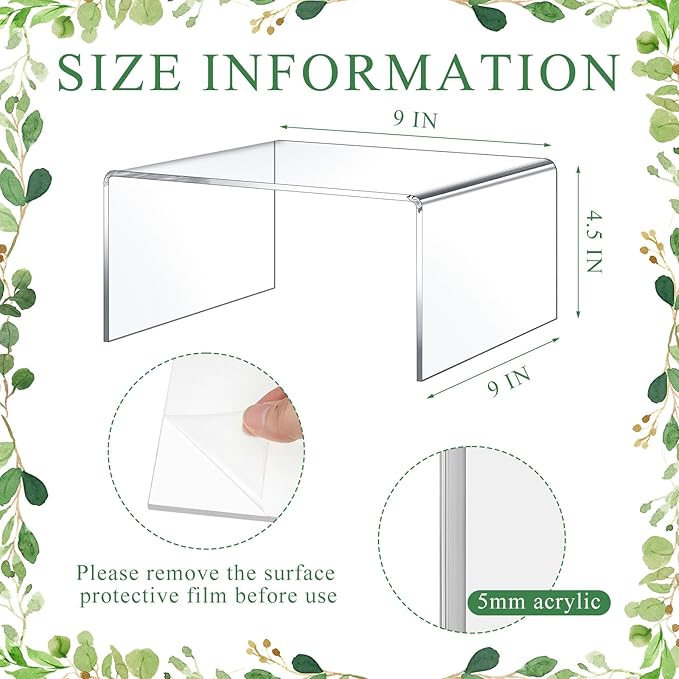 RattanView 2 Pcs 9 x 9 Inch Large Acrylic Risers Display Stands 5 mm Thick Acrylic Shelf Riser Showcase for Collectibles Jewelry Cupcakes Food Figures Perfume Cabinet (Clear)