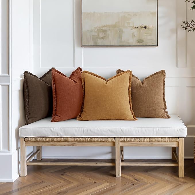 MIULEE Decorative Couch Pillow Covers Neutral Linen Fringe Throw Pillows Set of 4 Soft Rustic Cushions Boho Farmhouse Pillowcases for Bed Sofa Living Room Spring Decor 18x18 Inch Orange/Yellow