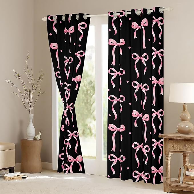Feelyou Girls Bow Curtains for Bedroom Living Room Black Pink Bowknot Blackout Shades Kawaii Cute Princess Style Room Darkening Curtain Coquette Aesthetic Window Treatments, 2 Panels 42 x 63 Inch