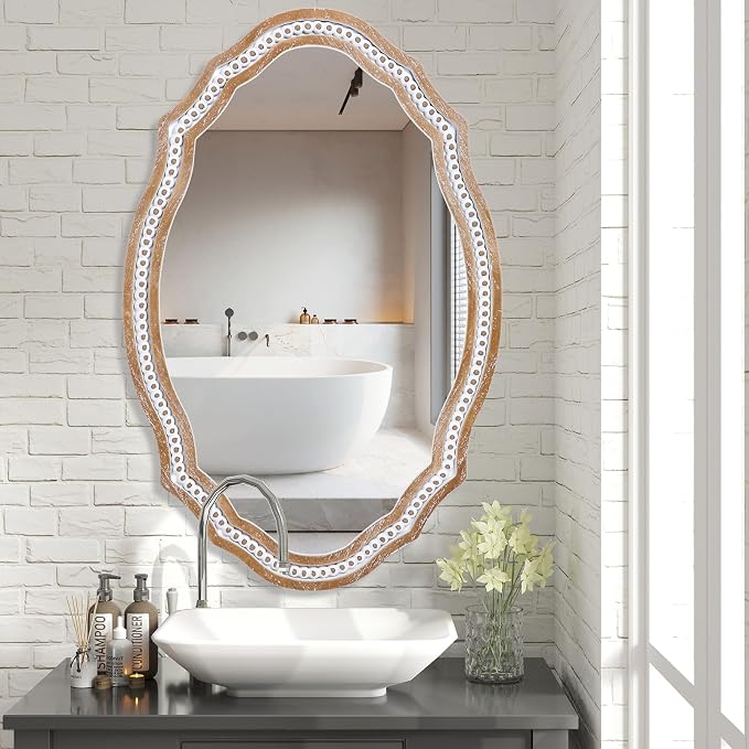 36x24 Inch Rustic Farmhouse Oval Mirror, Wooden Decorative Wall Mirrors | Hang Vertical or Horizontal, the Grain Look Adds Farmhouse Charm Above Bathroom Sink, Entryway, Living Room, Hallway