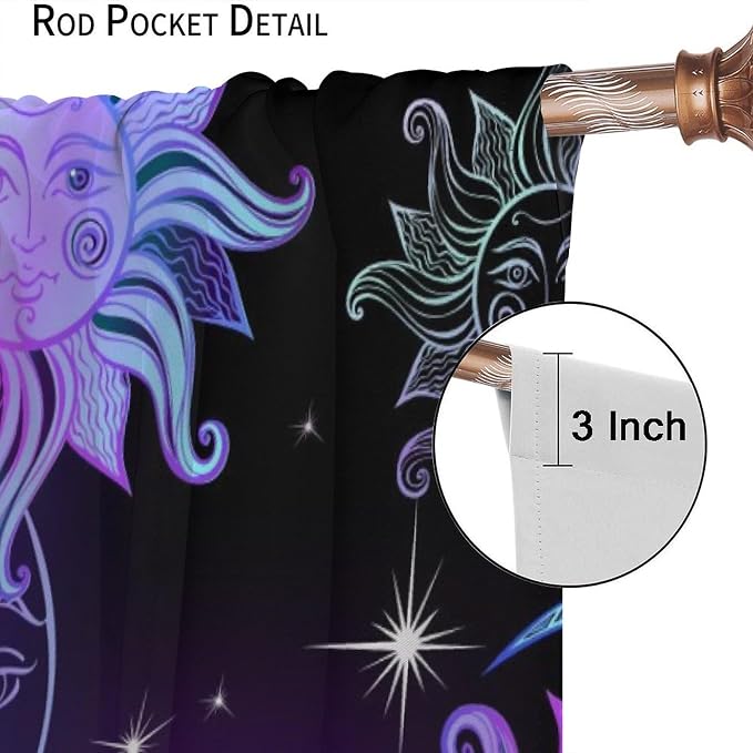 Fantasy Sun Moon Blackout Curtains, Boho Purple Black Stars Galaxy Rod Pocket Window Treatment Drapes for Bedroom Living Room 84" W X 84" L