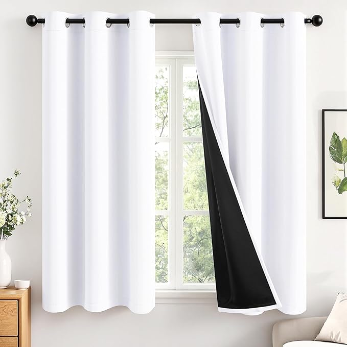 MIULEE White 100% Blackout Curtains for Bedroom 45 Inch Length, 2 Thick Layers Thermal Insulated Short Window Curtains with Black Liner, Noise Reducing Grommet Kitchen Living Room Drapes 2 Panels Set