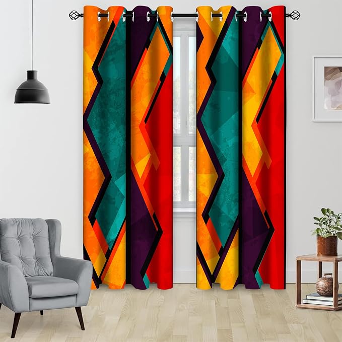 Colorful Abstract Red Orange Blackout Window Curtains, Geometric Cyan Pattern Aesthetic Art Living Room Bedroom Decor Thermal Curtain Darkening Grommet Window Drapes Treatments, 2 Panels 52x84 Inch