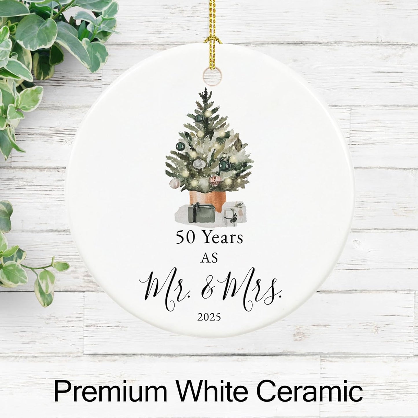 50th Anniversary Ornament Gifts for Parents,Couple, 50th Wedding Anniversary for 50 Year as Mr and Mrs Gifts, Ceramic Keepsake 50th Anniversary Christmas Ornaments with Ribbon and Box