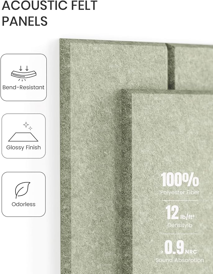 Fluxynara Felt Bulletin Board Tiles Large 48" x 36" Cork Board Alternative-12 Pack with 64 Adhesive Tabs, Thick Slat Wall Panels for Office Decor, Push Pin Board Wall Organizer Alternative-Sage Green