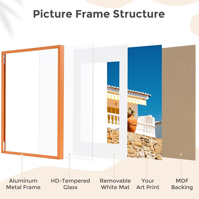 A3 Picture Frame 11.7x16.5 for A4 8.3x11.7 Photo, Aluminum Frame, Orange | Sleek Metal Frame for Wall, Desk & Gift | Beveled Glass & Hardware, Minimalist