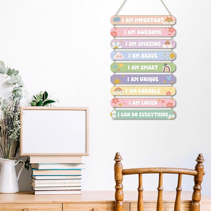 MONALET Pastel Boho Inspirational Wall Decor for Girls Kids Room Nursery Toddlers Playroom Classroom, Positive Affirmations Hanging Wooden Signs Decorations, I Am Loved Wall Art Wood Plaque 9Pcs 12x19