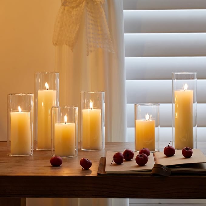 Set of 6 White Pillar Candles with Clear Glass Hurricane Holders- Elegant Cylinder Candle Vases for Weddings, Parties, Centerpieces, Home & Office Decor (Lvory White, 6 Set)