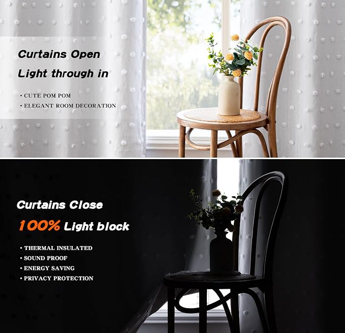MYSKY HOME 100% Blackout Curtains for Living Room White Curtains 95 Inch Long Light Block Girls Room Drapes Thermal Insulated Room Darkening Curtains with Pom Pom Sheer Grommet 2 Pieces 52W x 95L