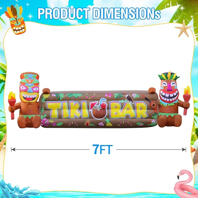 DomKom 7FT Tiki Luau Inflatables, Two Tiki Inflatables, Hawaiian Summer Tropical Beach Blow up Party Decor Party Giant Yard Decoration, Outdoor Built-in LED Lights Lawn Holiday Outside