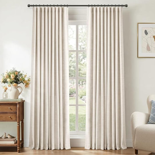 100% Blackout Shield Full Blackout Curtains for Bedroom 108 inch Length 2 Panels Set, Clip Rings/Rod Pocket Faux Linen Black Out Curtains for Living Room, Thermal Insulated, 50Wx108L, Beige