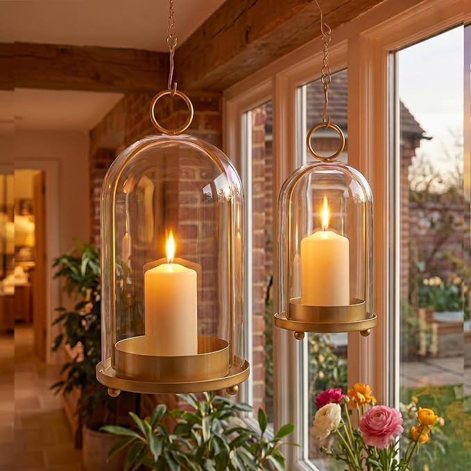 Hurricane Glass Candle Holders Set of 2 with Brass Base (9.8" & 8.1") | Cloche Glass Dome,Vintage Brass Finish,Thickened Glass Cloche,Hang or Display,Steady 3-Point Base,Vintage Farmhouse Decor