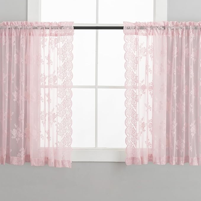 Pink Short Lace Curtains 36 Inch Length, 2 Panels, W42 x L36 Inch Each, Country Rustic Floral Short Sheer Curtains for Kitchen Window Over Sink, Rod Pocket Privacy Light Filtering Small Cafe Curtains