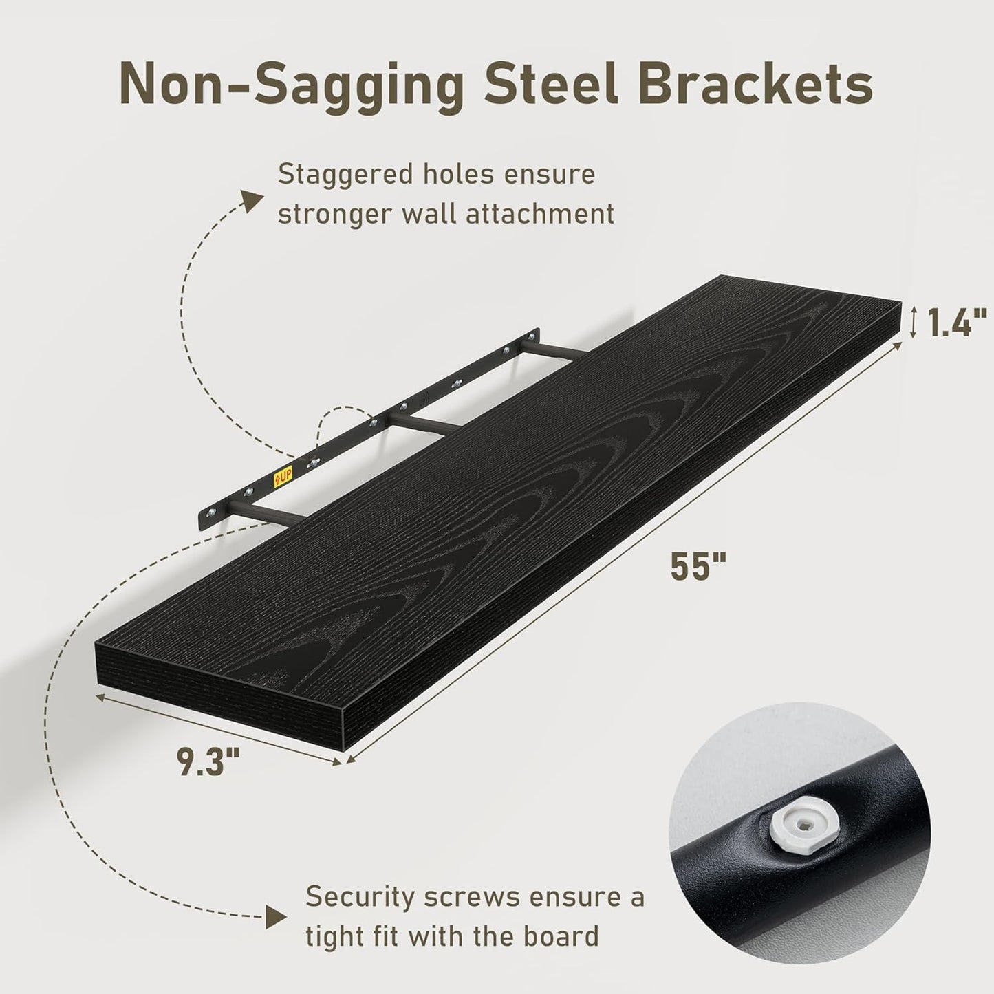 Fun Memories 55 Inch Floating Shelves for Wall 2 Pack Shelves for Bedroom|Kitchen|Bathroom 55 x 9.3 Inch Wood Floating Shelf with Invisible Brackets for Books|Storage|Decor, Black