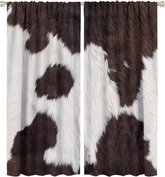 Cow Print Blackout Curtain,Retro Animals Fur Skin Cowhide Farm Style Window Treatments Rod Pocket Curtain for Bedroom Living Room Kitchen Decor Drapes 55x63in