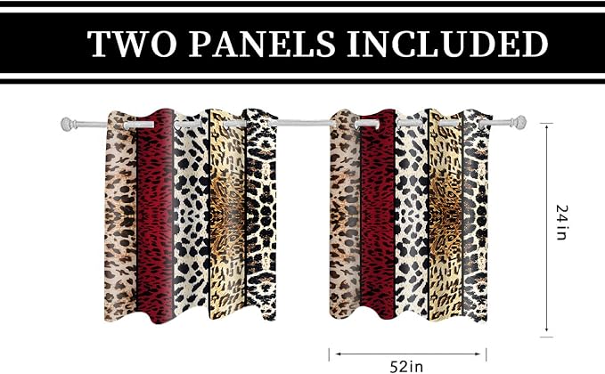 Wild Animal Print Curtain, Room Darkening Thermal Insulated Blackout Leopard Boa Window Drapes with Grommets for Living, Dining, Bedroom, Red Leopard Print, 52"x 24", 2 Panels