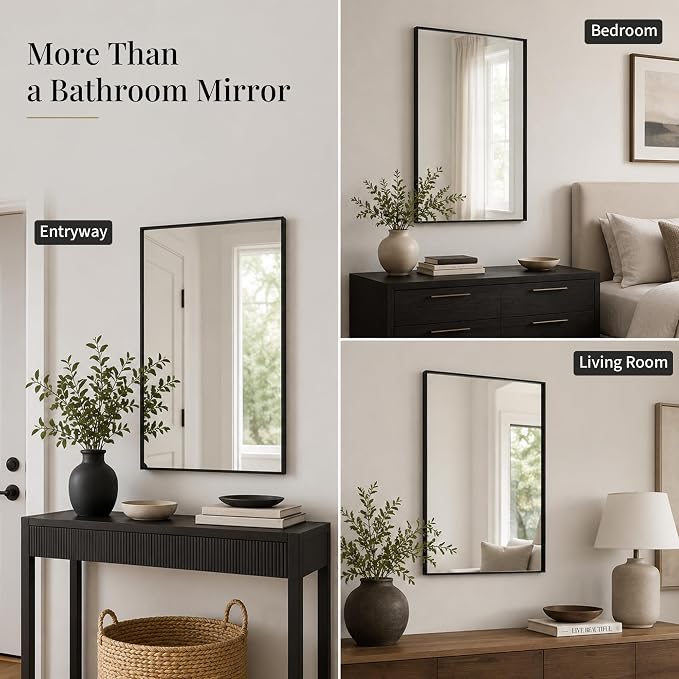 24"x36" Matte Black Framed Rectangle Bathroom Vanity Wall Mirror | Over-Sink Vanity Mirror, Slim Metal Frame, Entryway or Dresser Use, Vertical/Horizontal Mount, Tempered Glass