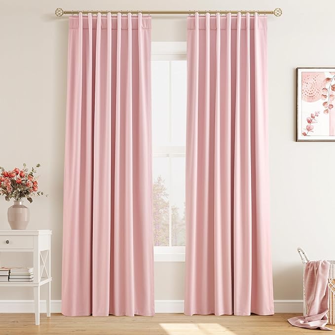 Joywell 100% Blackout Linen Curtains 90 Inch Long for Girls Bedroom Window Black Out Curtain Back Tab Rod Pocket Pink Thermal Insulated Drapes for Nursery Kids Room 2 Panels,52 x 90