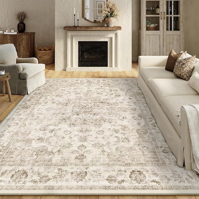 8x10 Washable Neutral Area Rug Beige Vintage Living Room Bedroom Carpet Non-Slip Soft Medium Pile Floral Indoor Large Throw Rug for Dining Room Office