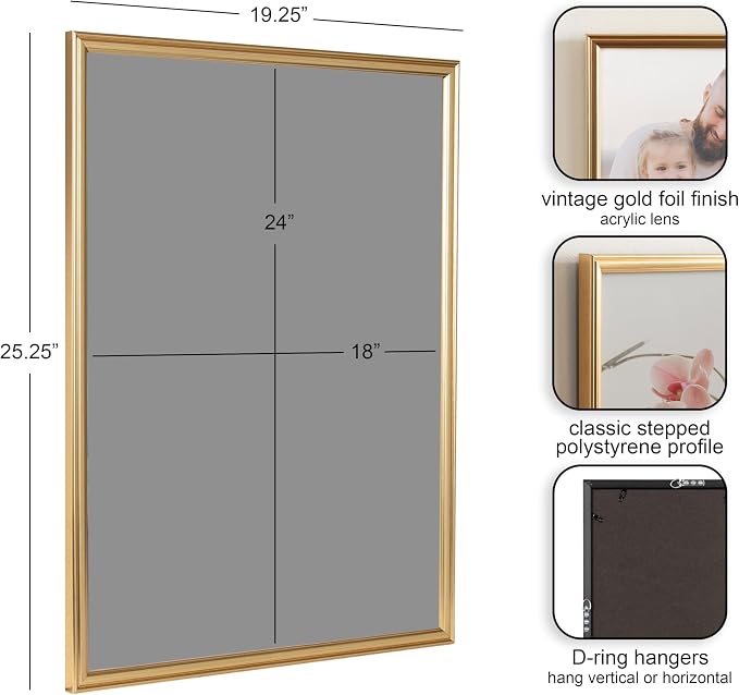 Kate and Laurel Adlynn Modern Rectangle Poster Frame, 20 x 26, Gold, Glam Large Photo Frame for Use as Movie Poster Display or Gallery Wall Piece in Living Room Wall Decor