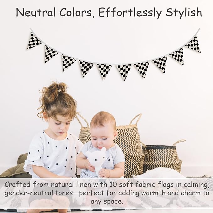 Boys Room Wall Art Decor, Black and White Checkered Garland Triangle Banners, Cars Room Decor for Toddler Nursery Playroom, Racing Flags 11Ft Bunting Flags Fabric for Boys Kids Bedroom Decor