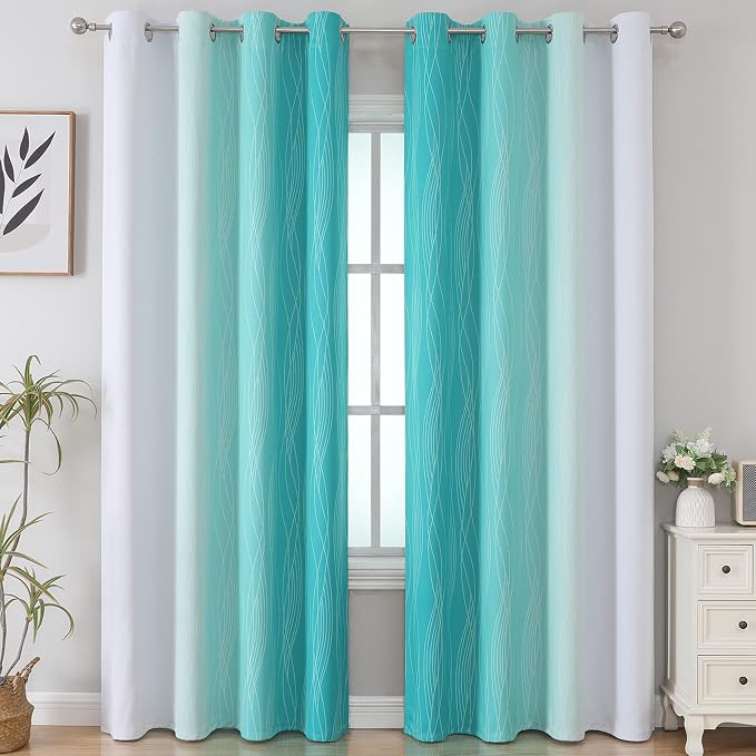 Estelar Textiler Teal and Greyish White Blackout Curtains 102 Inch Length 2 Panels Set, Thermal Insulated Ombre Grommet Drapes for Bedroom, Room Darkening Gradient Curtains for Living Room, 52Wx102L
