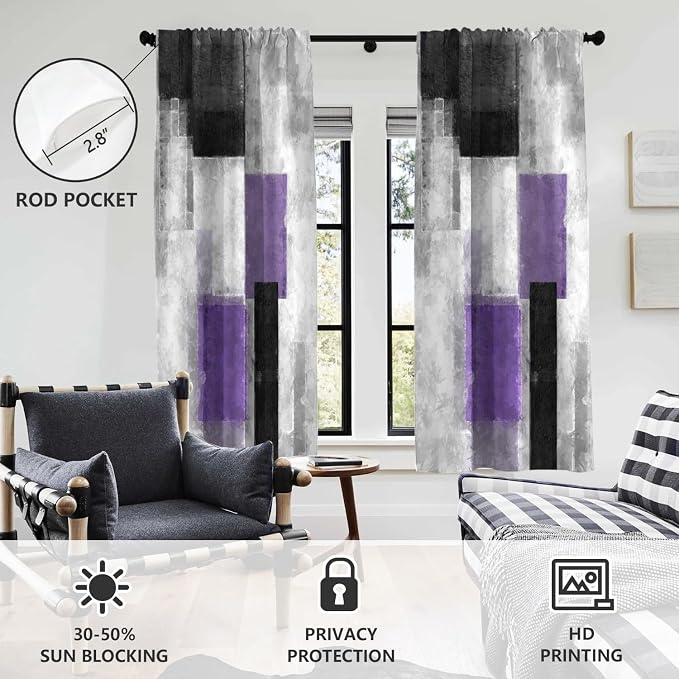 AAtter Purple Grey and Black Window Curtain Abstract Gray White Lavender Geometric Lilac Violet Silver Long Wide Living Room Bedroom Drapes Treatment Fabric 1 Pair, 52" W x 84" L, Modern