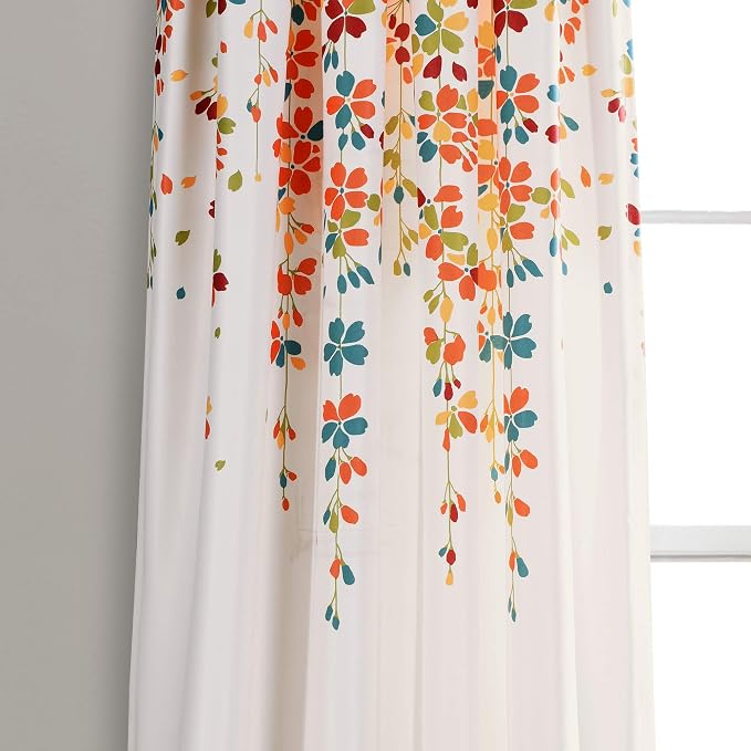Lush Decor Weeping Flower Light Filtering Window Curtain Panels, Pair, 52"W x 108"L + 2" Header, Turquoise & Tangerine - Charming Modern Floral Curtains for Living Room, Dining Room, & Bedroom