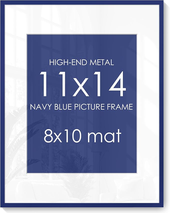11x14 Picture Frame for 8x10 Photo, Minimalist Aluminum Frame, Navy Blue | Sleek Metal Frame for Wall, Desk & Gift | Shatterproof Glass & Hardware