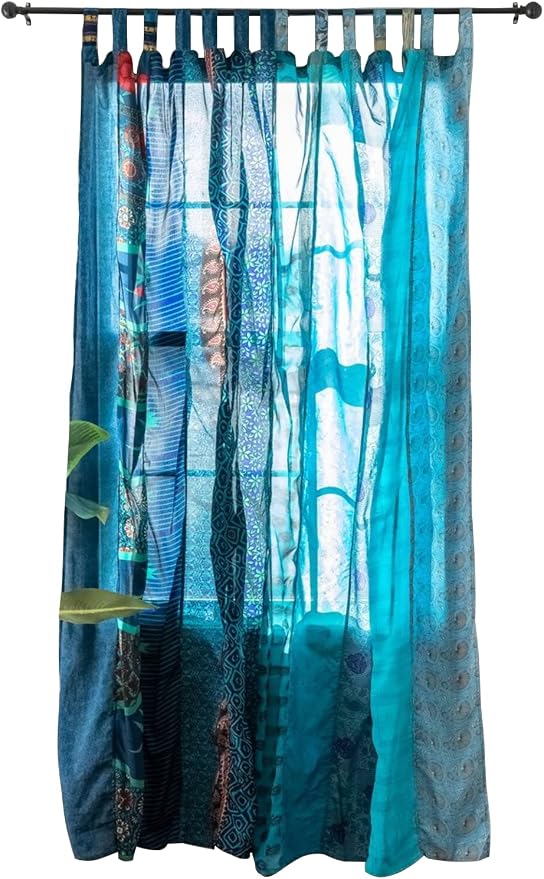 Rajbhoomi Assorted Sari Colorful Curtains Light-Filtering – Boho Curtains, Bed Canopy Panel, Tapestry or Window Treatment Turquoises Color (84 X 43 Inches)