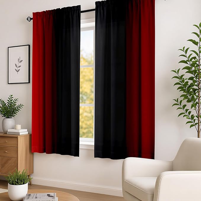 Abstract Ombre Curtains 63 inches Length for Living Room,Red and Black Light Filtering Window Curtain Rod Pocket Gradient Vintage Window Drapes for Bedroom Red Curtains,2 Panels,42 inches Wide