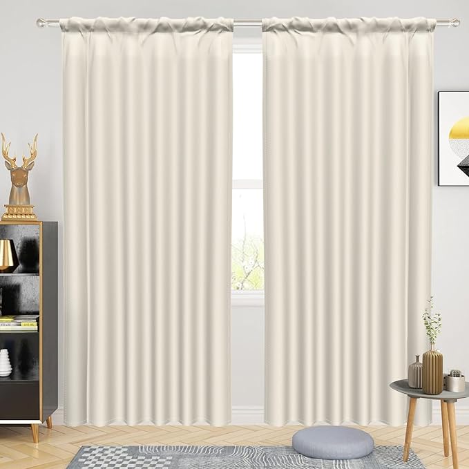 Renaiss 42 x 96 Inch Cream Nursery Bedroom Window Curtains Girls Baby Room Thermal Insulated Noise Reduction Light Filtering Curtains Linen Texture Rod Pocket Back Tab Spring Window Drape 2 Panels